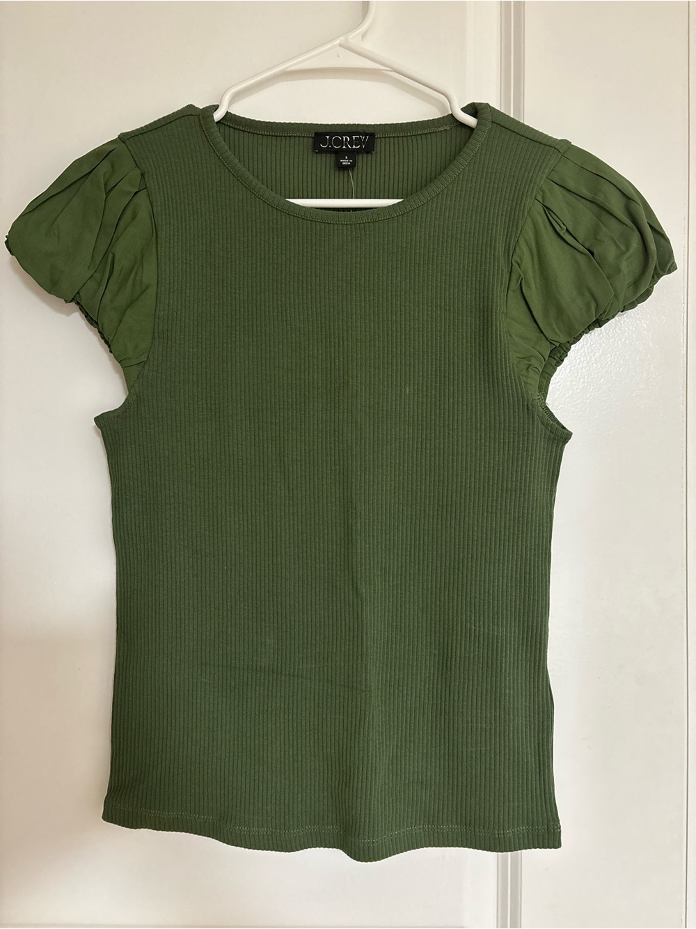 J.Crew Olive Ribbed Tee with Puff Cap Sleeves